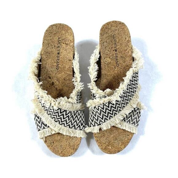 Lucky Brand Tapestry Cross Strap Cork Wedge Heels - Picture 2 of 4